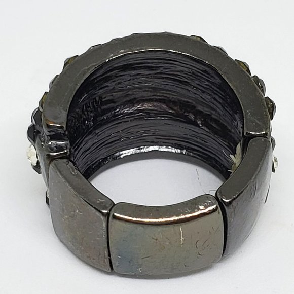 Pave' Black and Clear Rhinestone Cigar Band Fashion Stretch Ring - Picture 7 of 10